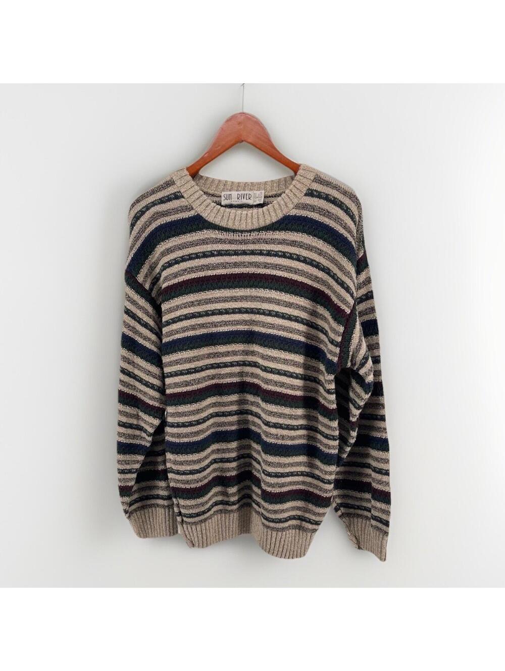 Vintage Sun River Khakis Sweater Mens S Striped Knit Made USA Grandpa